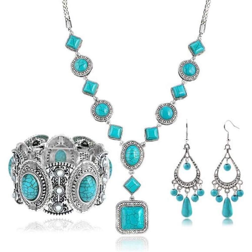 Bohemian Turquoise Necklace Set - Women's Cowgirl Chic Jewelry Set Turquoise